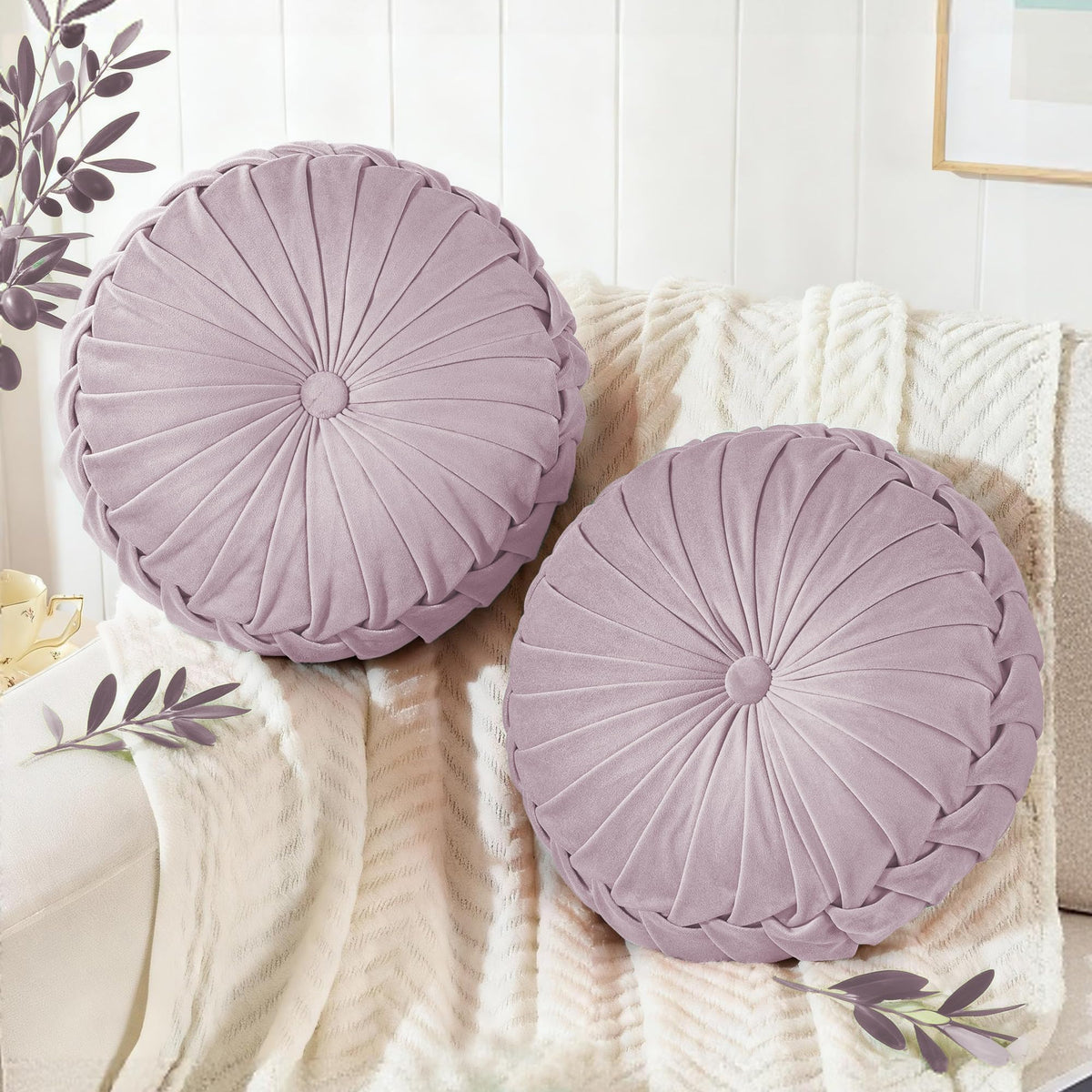 ROSE&RISY Round Pleated Velvet Throw Pillow, 2 Pack Decorative Accent Pumpkin Pillow Cushion for Couch Sofa Bed, Soft Plush Retro Vanity Throw Pillows for Home Decor, 14.5 Inch, Olive Green