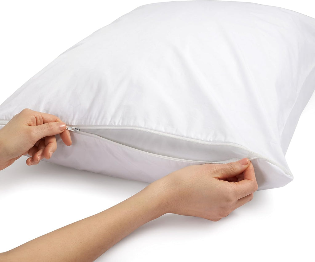 Amazon Basics King Pillow Protector with Zipper, Breathable 100% Cotton Hypoallergenic, Tight Weave, Machine Washable, White, 37 x 21 Inches, Pillows Not Included