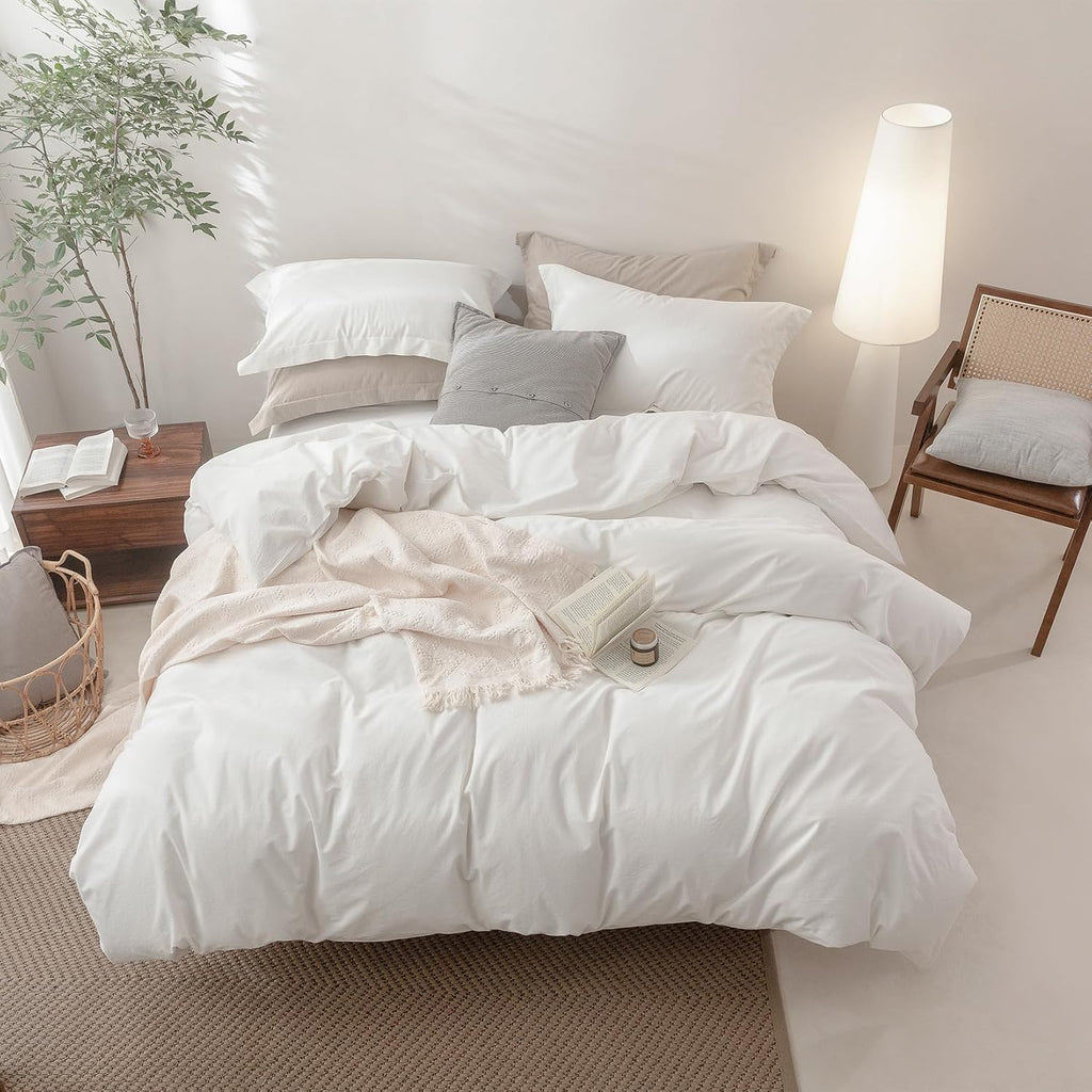 BDEAR 3Pcs Off White Duvet Cover Set Queen Size 90" L x 90" W, Oeko TEX