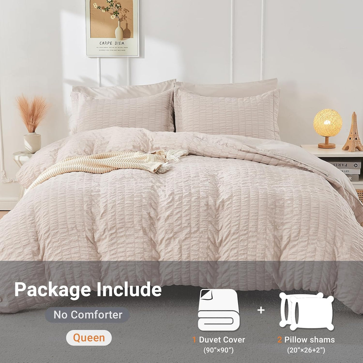 HYMOKEGE Beige Duvet Cover Queen Size, Ultra Soft 3-Piece Seersucker Duvet Cover Set with Zipper Closure, Soft Brushed Microfiber Bedding Set with 8 Corner Ties (90"x90", 2 Pillowshams)