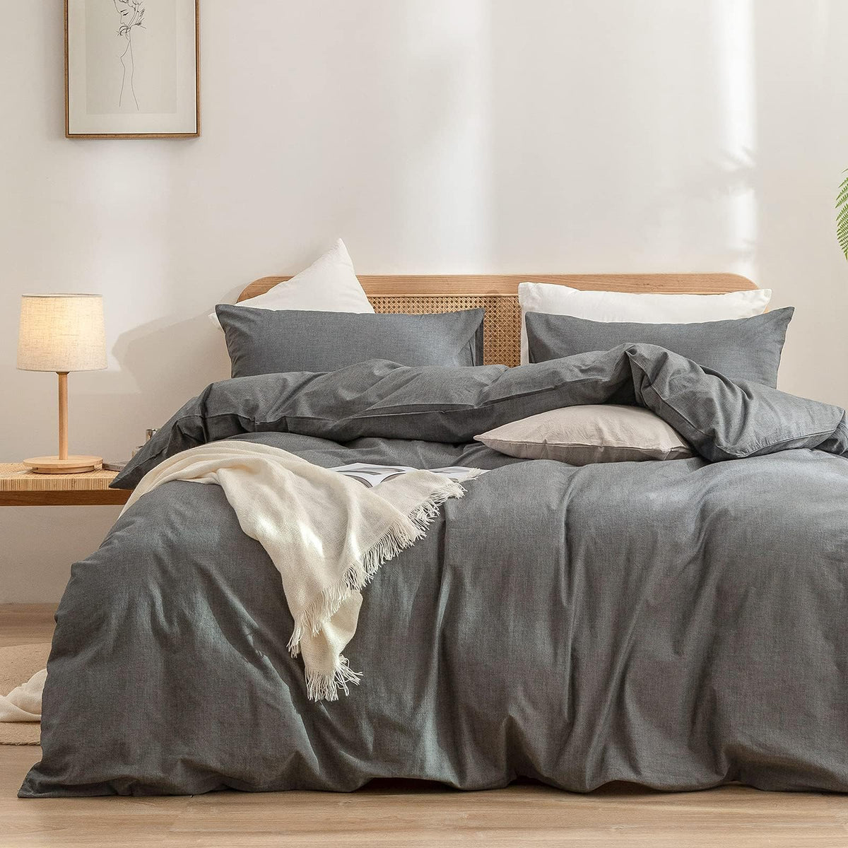 BESTOUCH Cotton Solid Duvet Cover Set Linen Feel Off White Queen