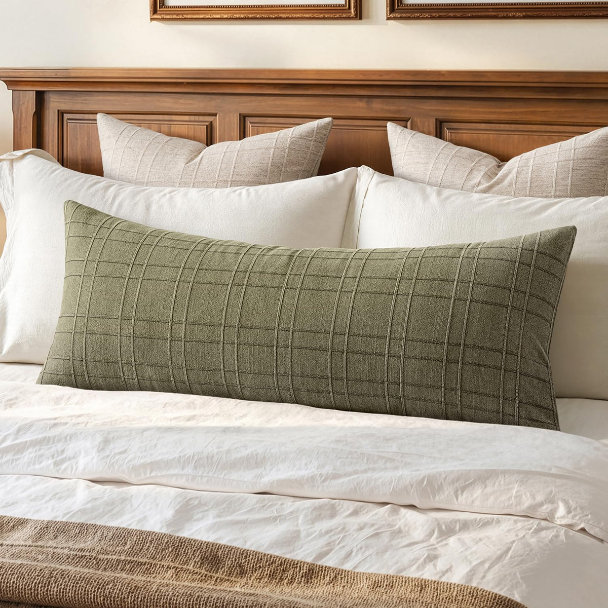 MIULEE Long Lumbar Throw Pillow Cover 14x36 Soft Linen Check Decorative Pillowcase Pack of 1 Vintage Farmhouse Textured Accent Cushion Cover for Sofa Couch Bedroom Living Room, Natural Beige