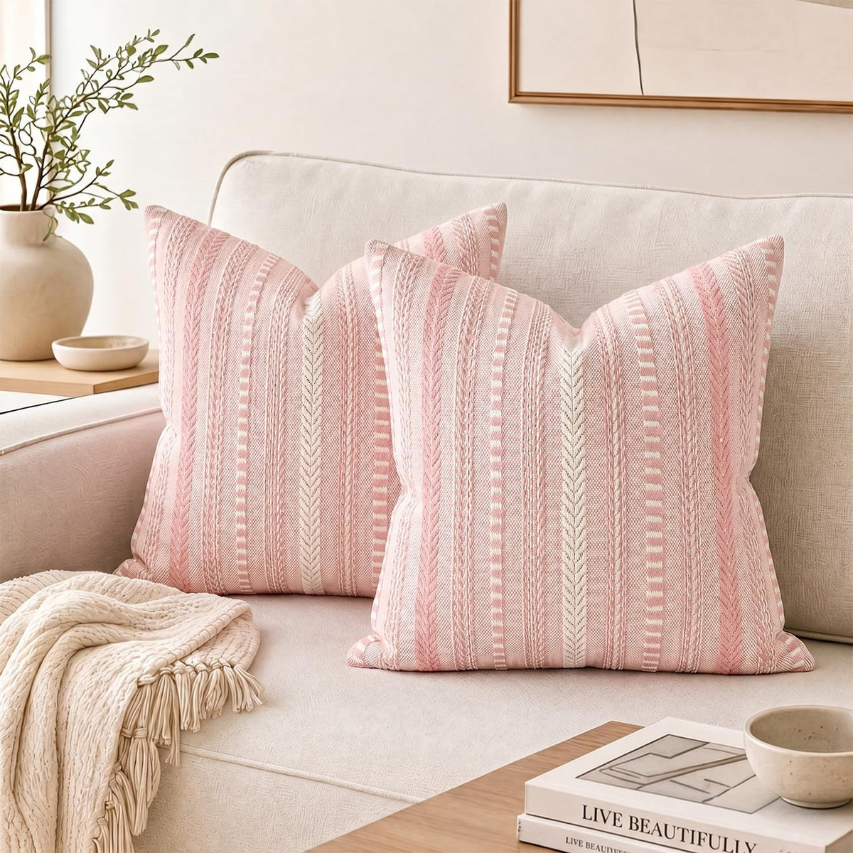 AVOIN colorlife Pink Boho Decorative Throw Pillow Covers Set of 2, 18 x 18 Inch Woven Stripe Textured Rustic Cushion Case Home Decor for Living Room Couch Sofa