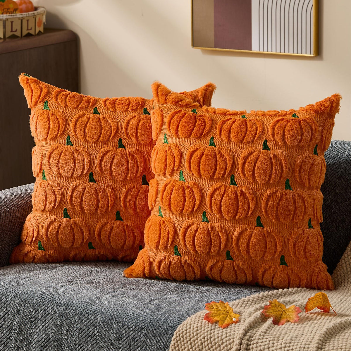 DFXSZ Fall Pillow Covers 18x18 2Pcs Beige Pumpkin Fall Decorations for Home