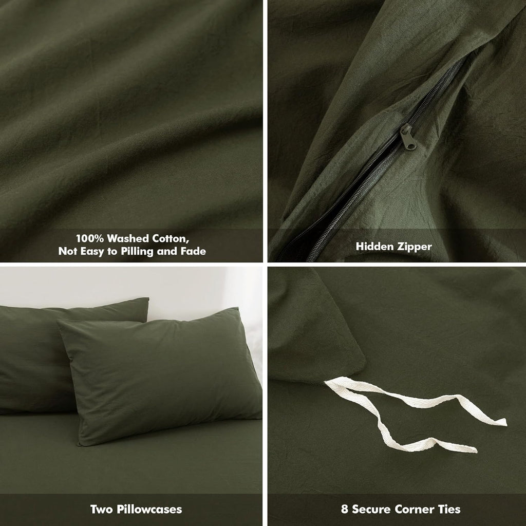 FOSSA Duvet Cover Set 100% Washed Cotton Linen Feel Queen