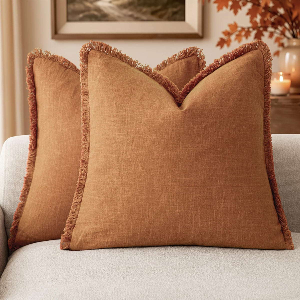 Foindtower Decorative Linen Fringe Throw Pillow Covers 20×20 Olive Green