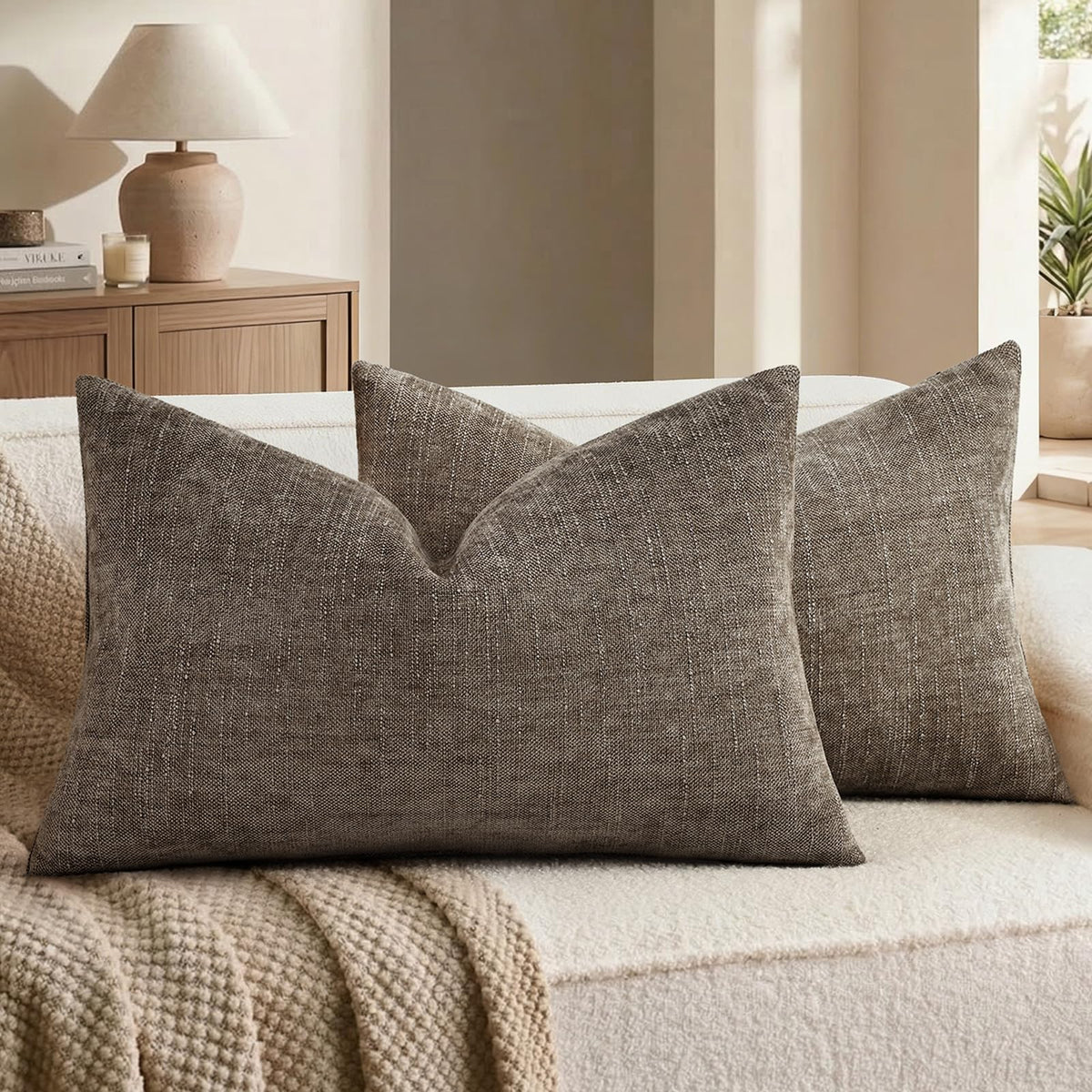 decorUhome Chenille Decorative Throw Pillow Covers 18x18 Set of 2, Brown