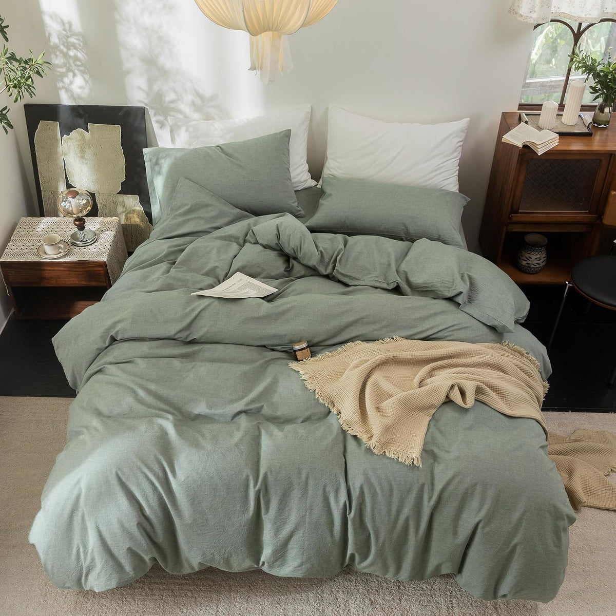 FOSSA Duvet Cover Set 100% Washed Cotton Linen Feel Queen