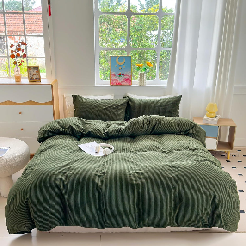 PinkMemory Green Striped Duvet Cover Queen 100% Washed Cotton Olive Green Stripes Duvet Cover Set Full 3pcs Pinstripe Pattern Bedding Set with Zipper Closure Corner Ties,Soft Breathable