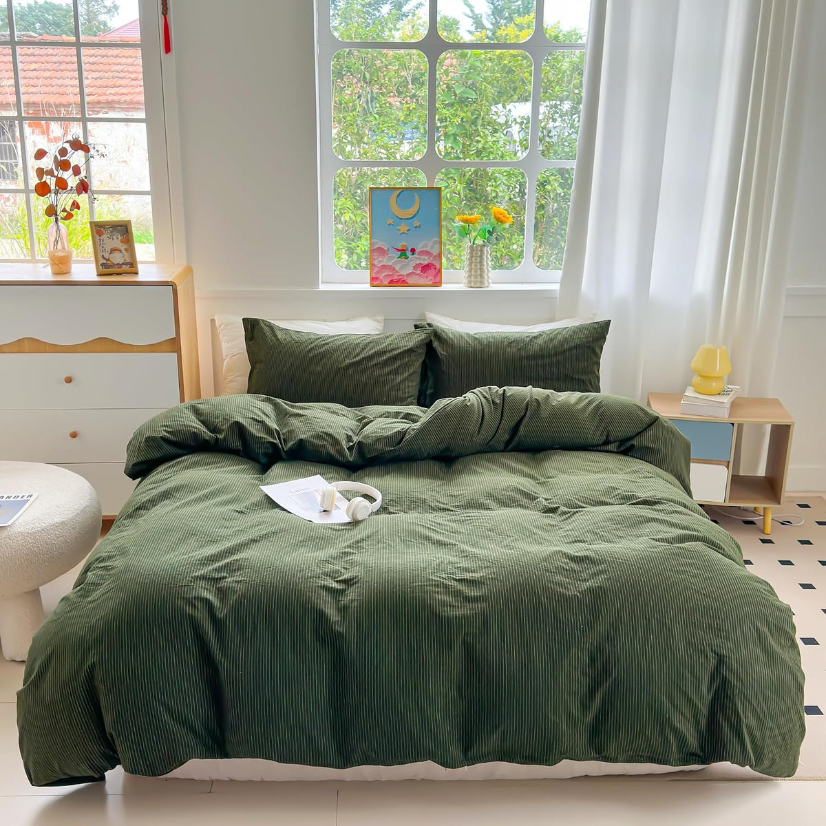 PinkMemory Green Striped Duvet Cover Queen 100% Washed Cotton Olive Green Stripes Duvet Cover Set Full 3pcs Pinstripe Pattern Bedding Set with Zipper Closure Corner Ties,Soft Breathable