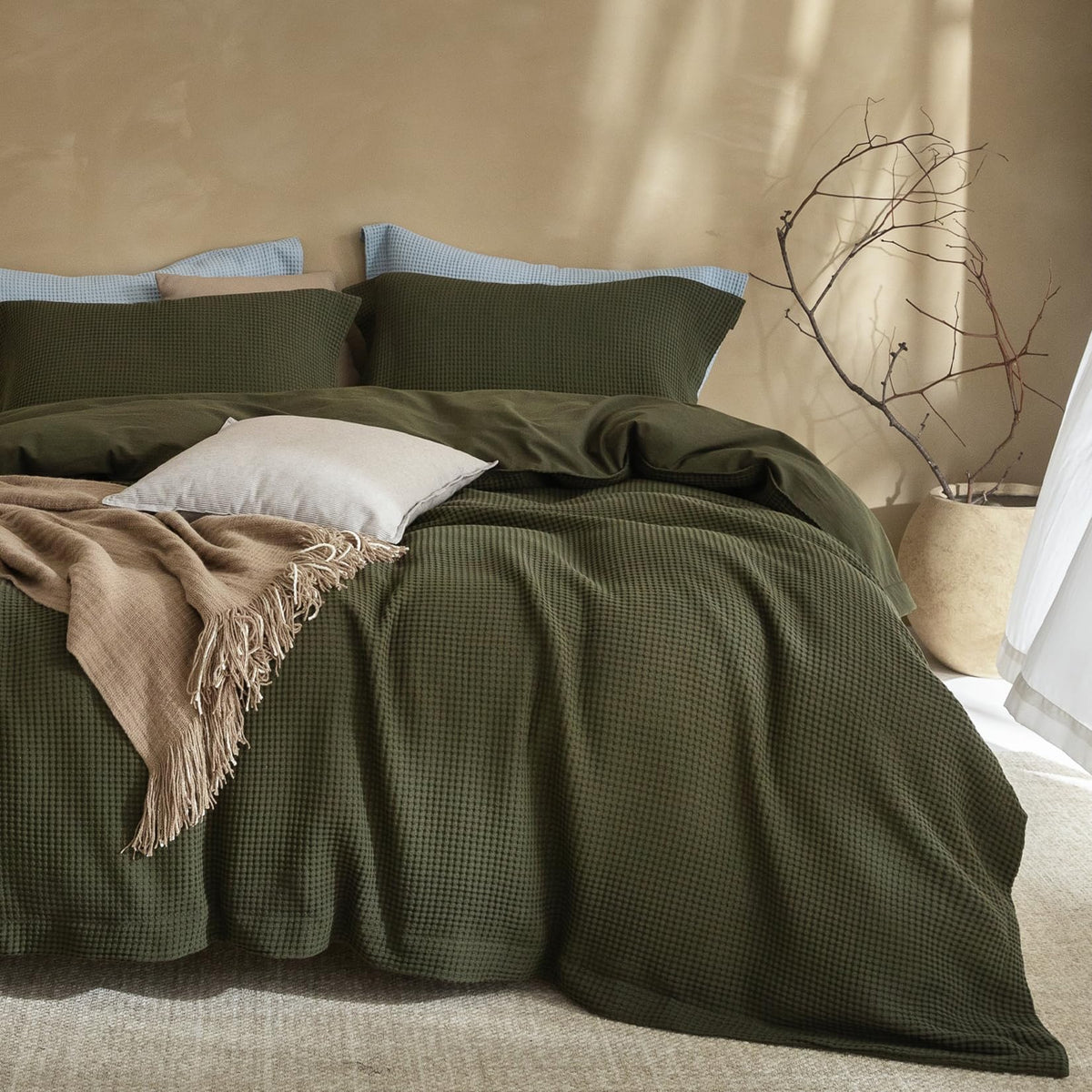 3Pcs Brown Waffle Cotton Duvet Cover Set King 104 x 90