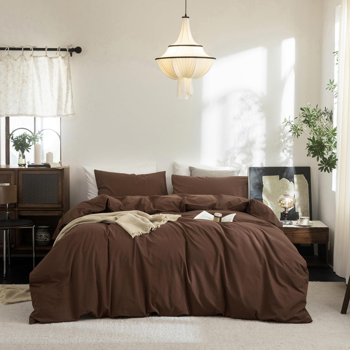 FOSSA Duvet Cover Set 100% Washed Cotton Linen Feel Queen