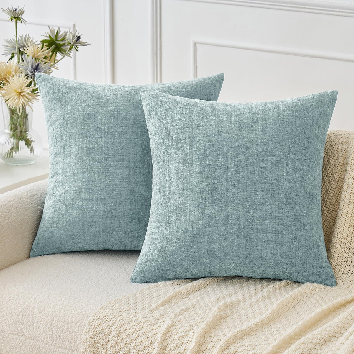 MIULEE Soft Chenille Throw Pillow Covers Sage Green 18x18 Inch Pack of 2