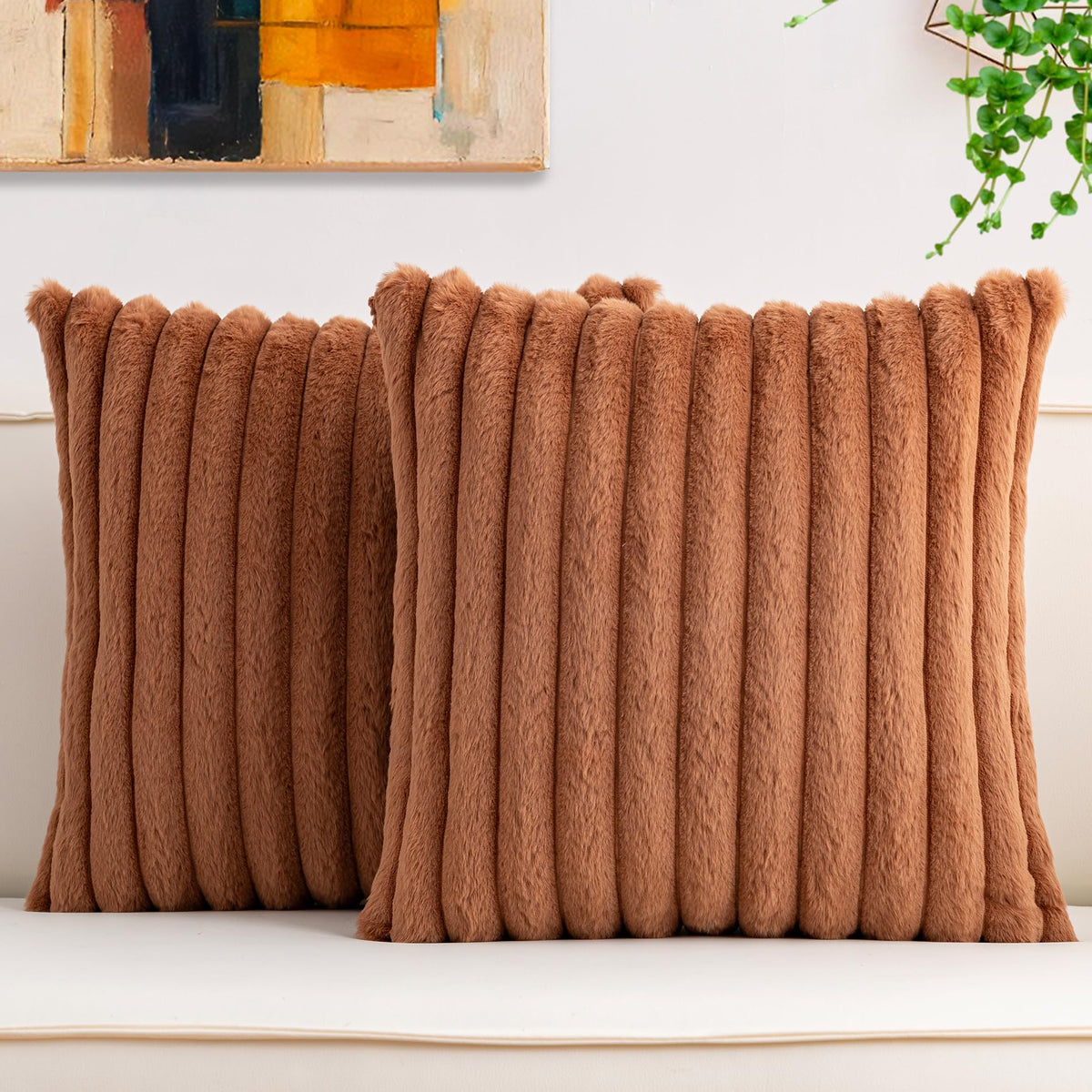 Aegero Pack of 2 Faux Fur Christmas Throw Pillow Covers 18x18 Inch, Pink