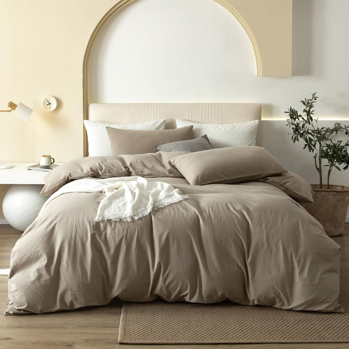JIYUAN Queen Washed Cotton Duvet Cover Set, 3-Piece, Relaxed Linen Feel