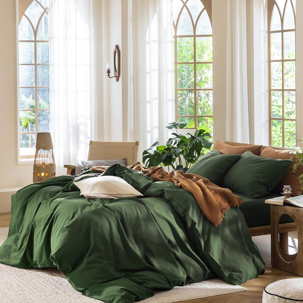 MooMee Duvet Cover Set 100% Washed Cotton Linen Like Queen