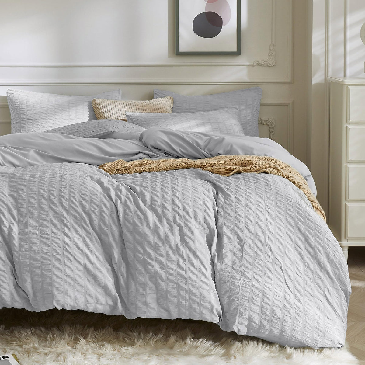 JELLYMONI White Seersucker Duvet Cover Set Queen Size
