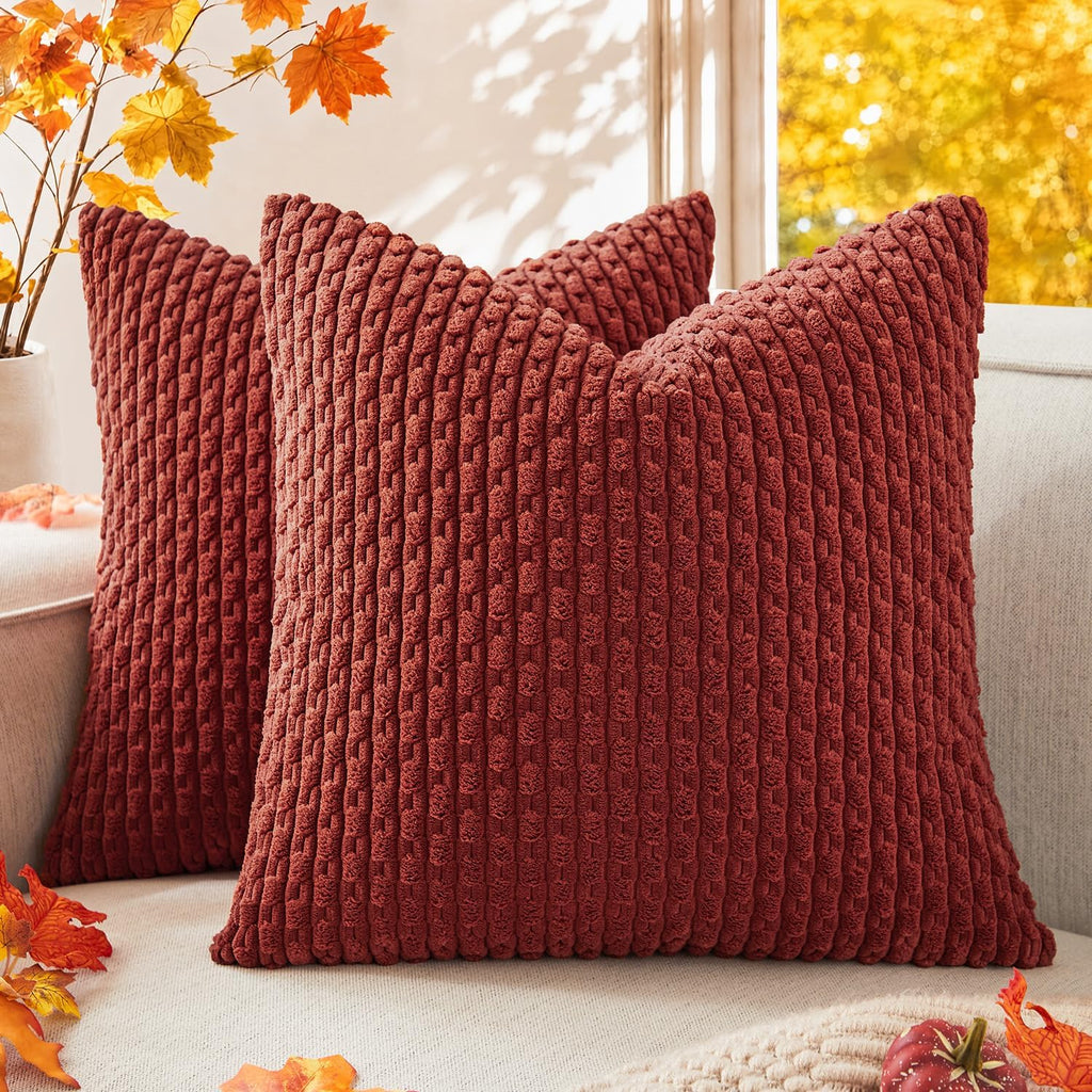 Kevin Textile Soft Corduroy 18x18 Inch Pillow Covers 2 Pack, Burnt Brick