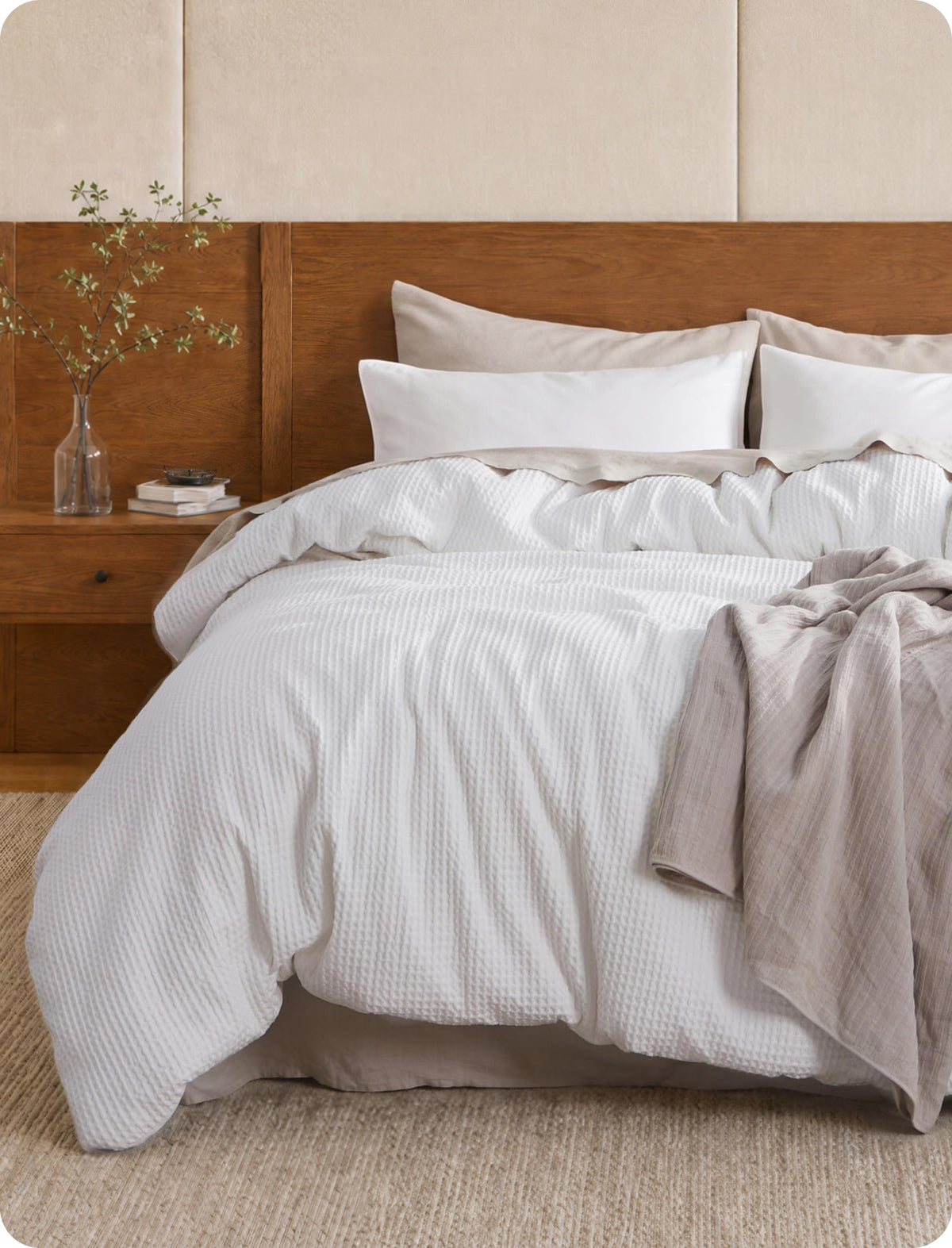 Bedsure PureWoven 3 Pieces 100% Cotton Waffle Duvet Cover Set, King, Linen