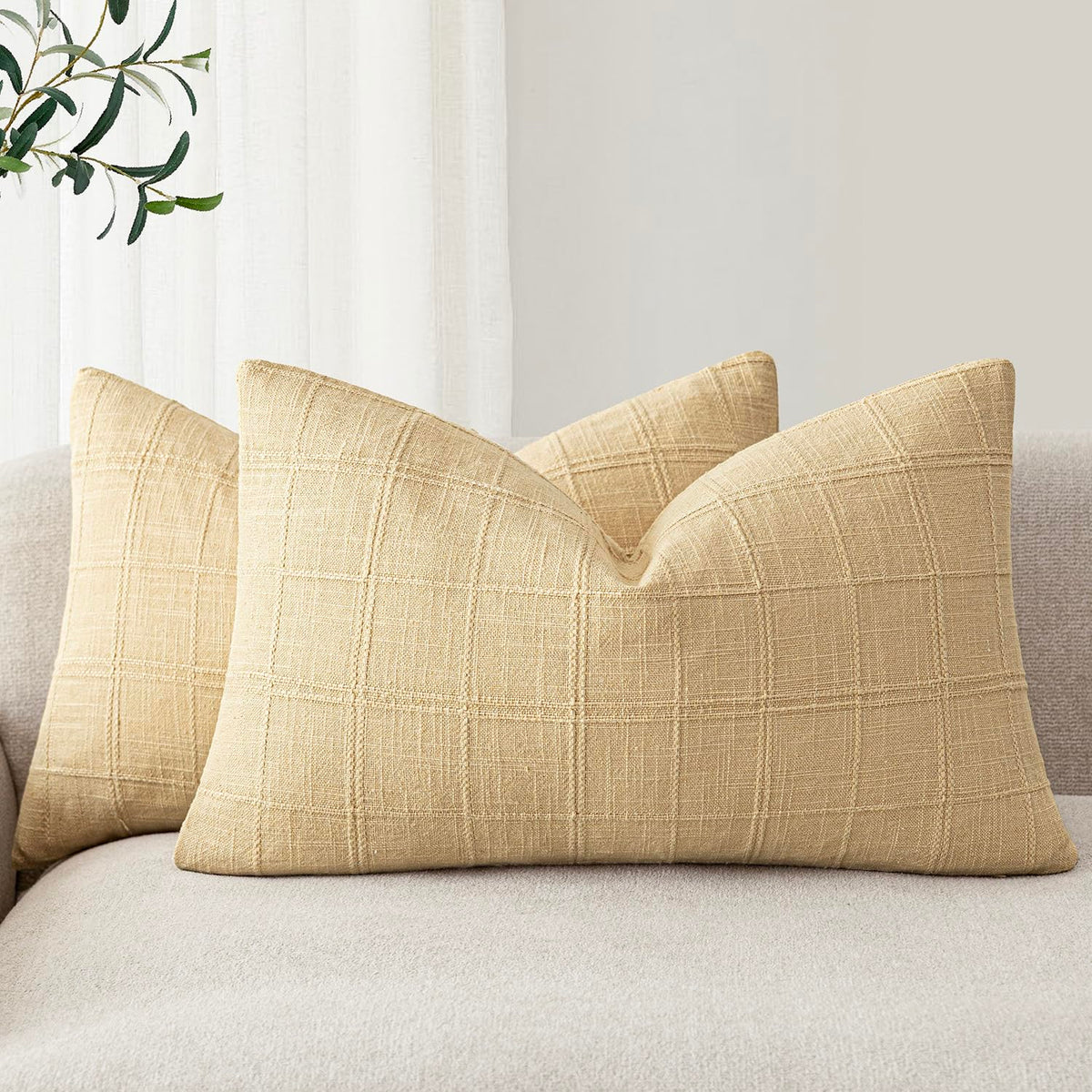 Foindtower Boho Linen Check Decorative Throw Pillow Cover 18×18 Olive Green