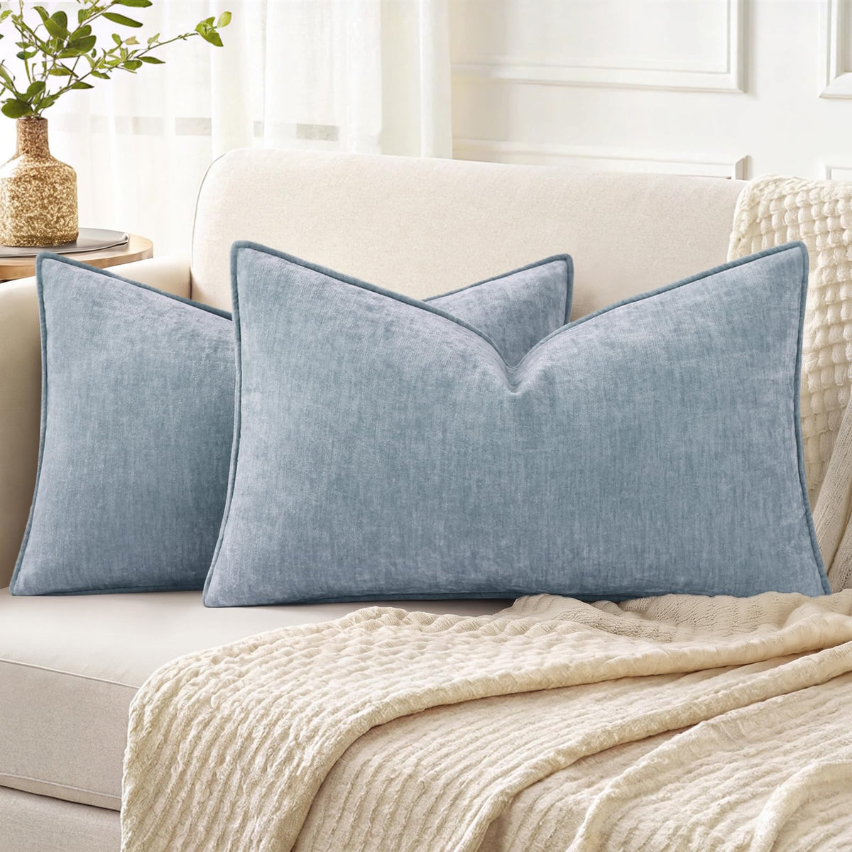 decorUhome Chenille Beige Velvet Throw Pillow Covers 20x20 Set of 2