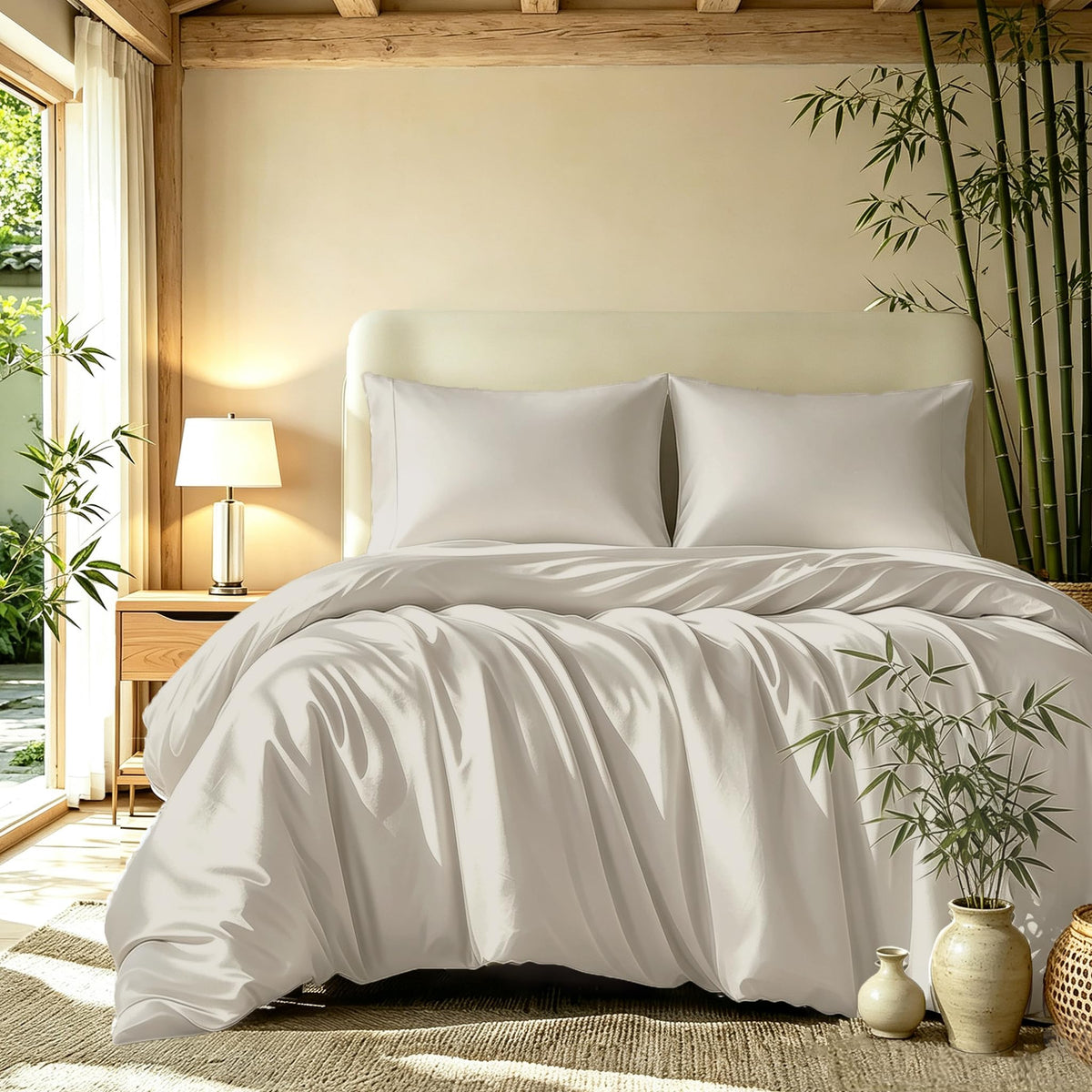 Queen Duvet Cover Set 3 Pieces, 100% Organic Viscose derived from Bamboo, Luxuriously Soft & Cooling, 1 Duvet Cover and 2 Pillowcases, 90" x 90"(Queen, Linen)