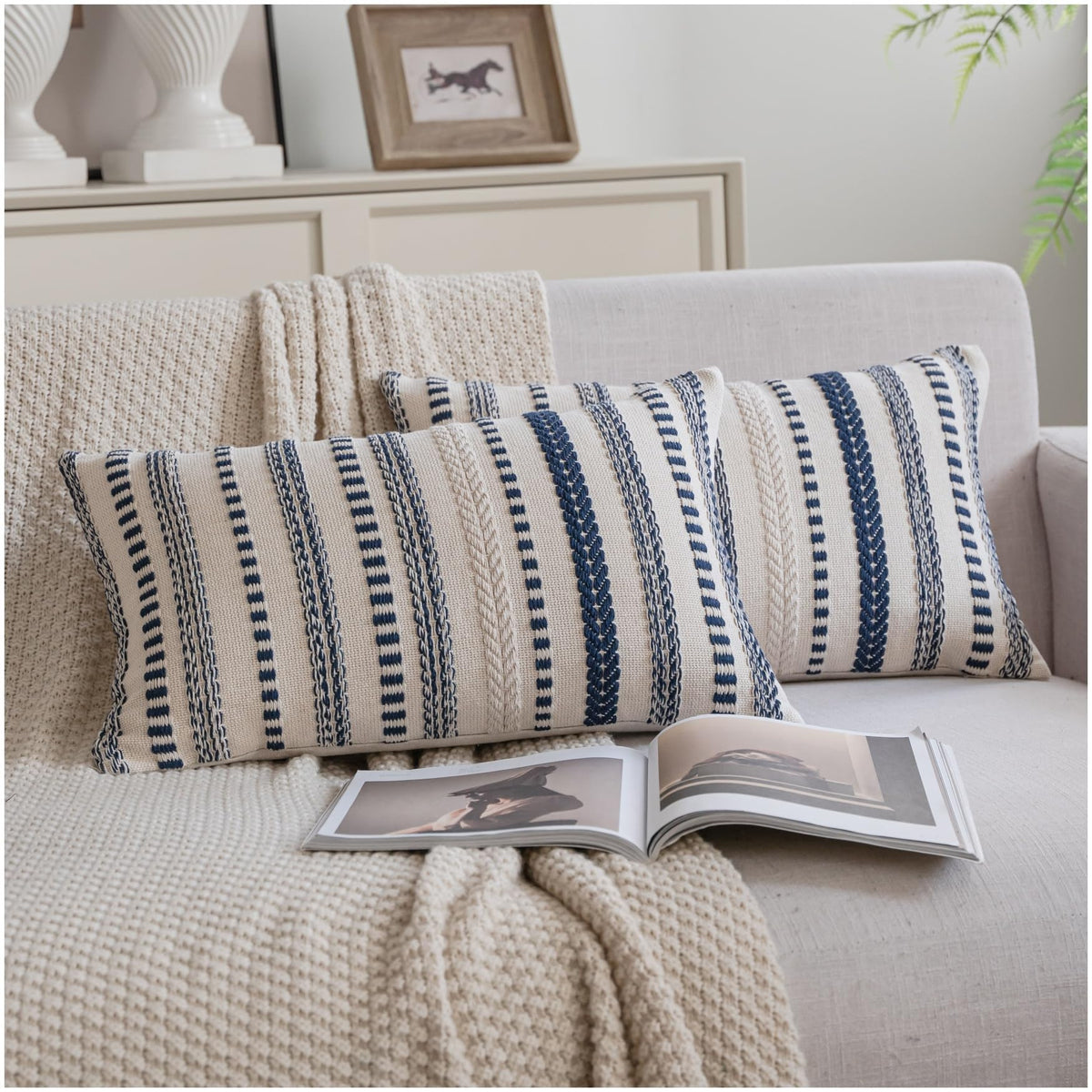 Cethom Blue and Beign Boho Throw Pillow Covers 18x18 Inch Set of 2, Stripe Textured Decorative Couch Pillow Cases for Bed, Sofa, Living Room, Bedroom, Farmhouse Home Accent Cushion Covers