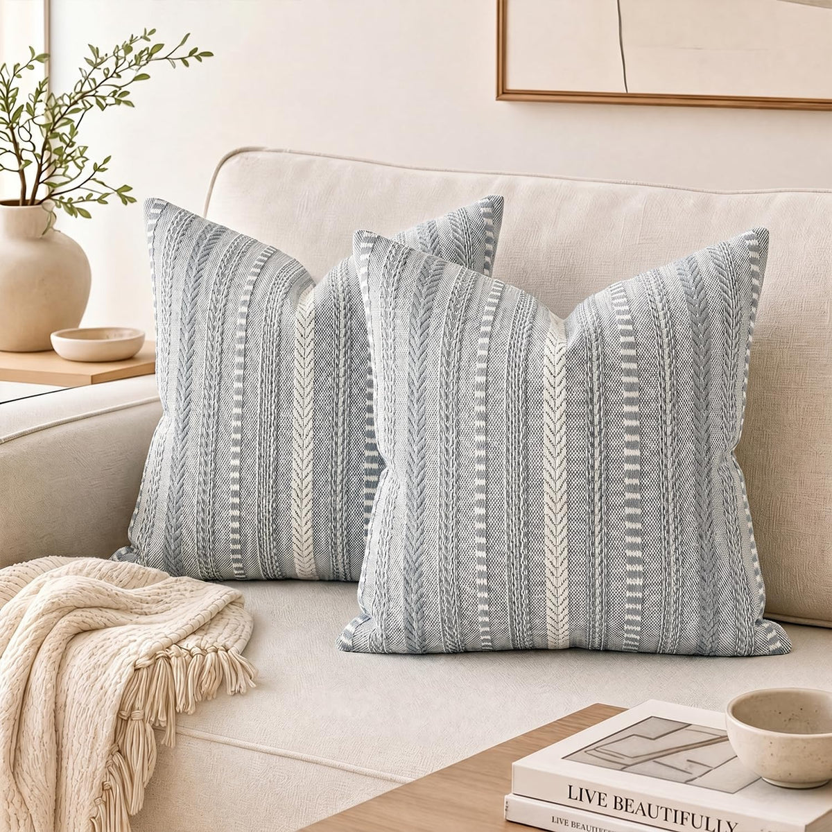 AVOIN colorlife Pink Boho Decorative Throw Pillow Covers Set of 2, 18 x 18 Inch Woven Stripe Textured Rustic Cushion Case Home Decor for Living Room Couch Sofa