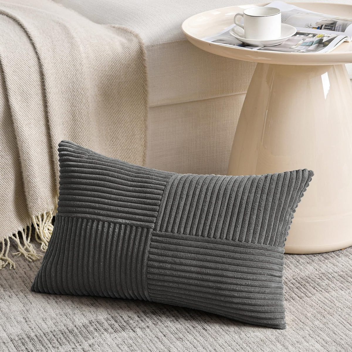Fancy Homi Blush Pink Lumbar Decorative Throw Pillow Covers 12x20 Inch for Living Room Couch Bed, Rustic Farmhouse Boho Home Decor, Soft Striped Corduroy Rectangle Accent Cushion Case 30x50 cm