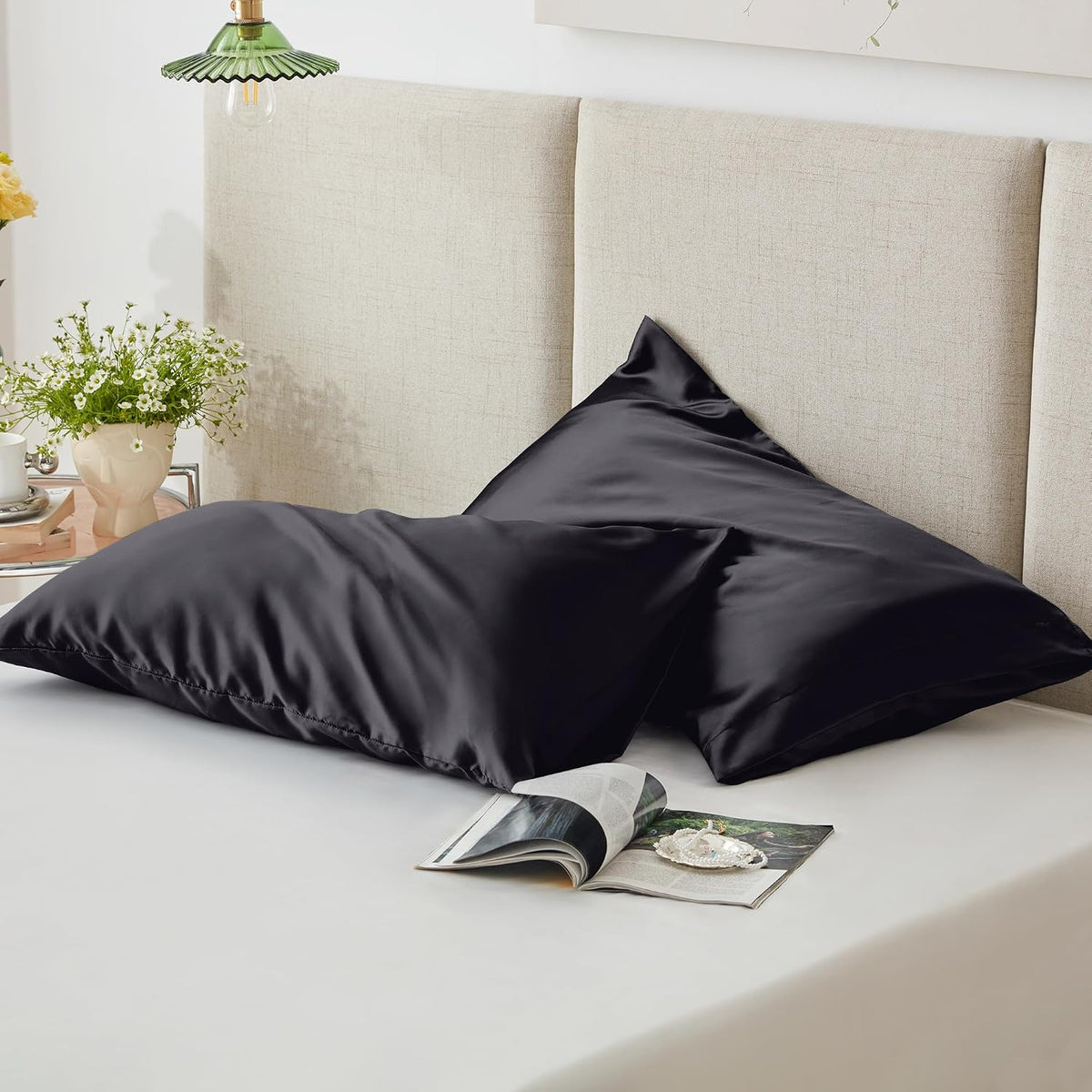 Love's cabin Satin Pillowcase Set of 2 Queen Size 20x30, Cooling Pillow Covers for Hair and Skin, Silky Smooth with Envelope Closure, Similar to Silk, Black