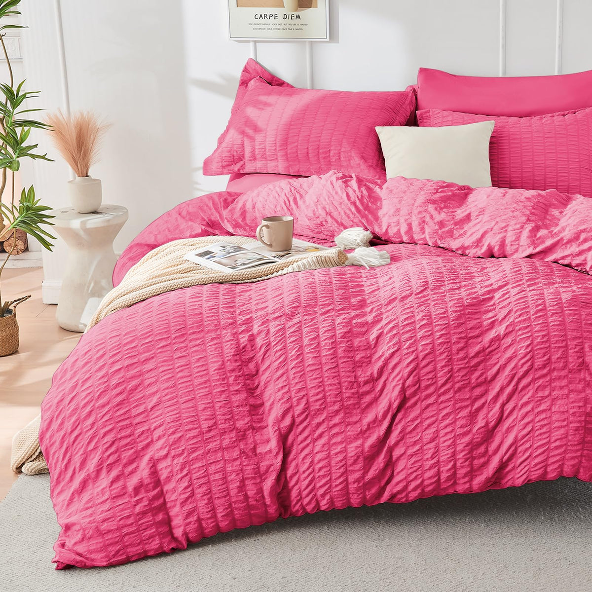 HYMOKEGE Beige Duvet Cover Queen Size, Ultra Soft 3-Piece Seersucker Duvet Cover Set with Zipper Closure, Soft Brushed Microfiber Bedding Set with 8 Corner Ties (90"x90", 2 Pillowshams)