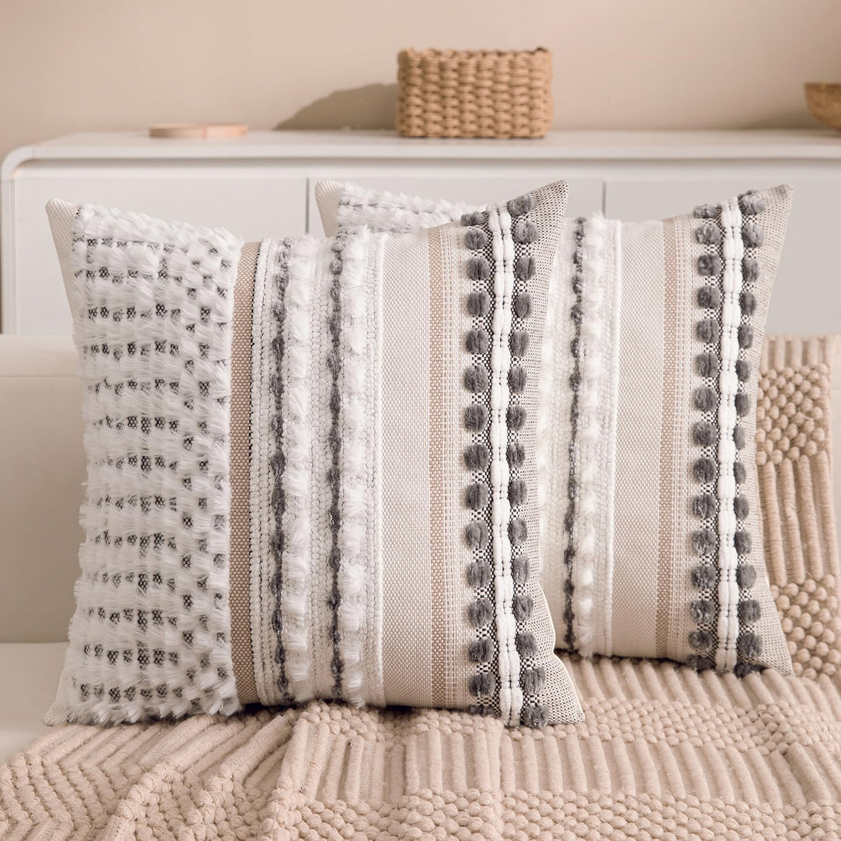 Boho Chenille Tufted Couch Throw Pillow Covers 18x18 Inch Set of 2 Farmhouse Striped Decorative Pillow Covers Accent Neutral Pillowcase Teal Cushion Cover for Living Room Sofa Bed
