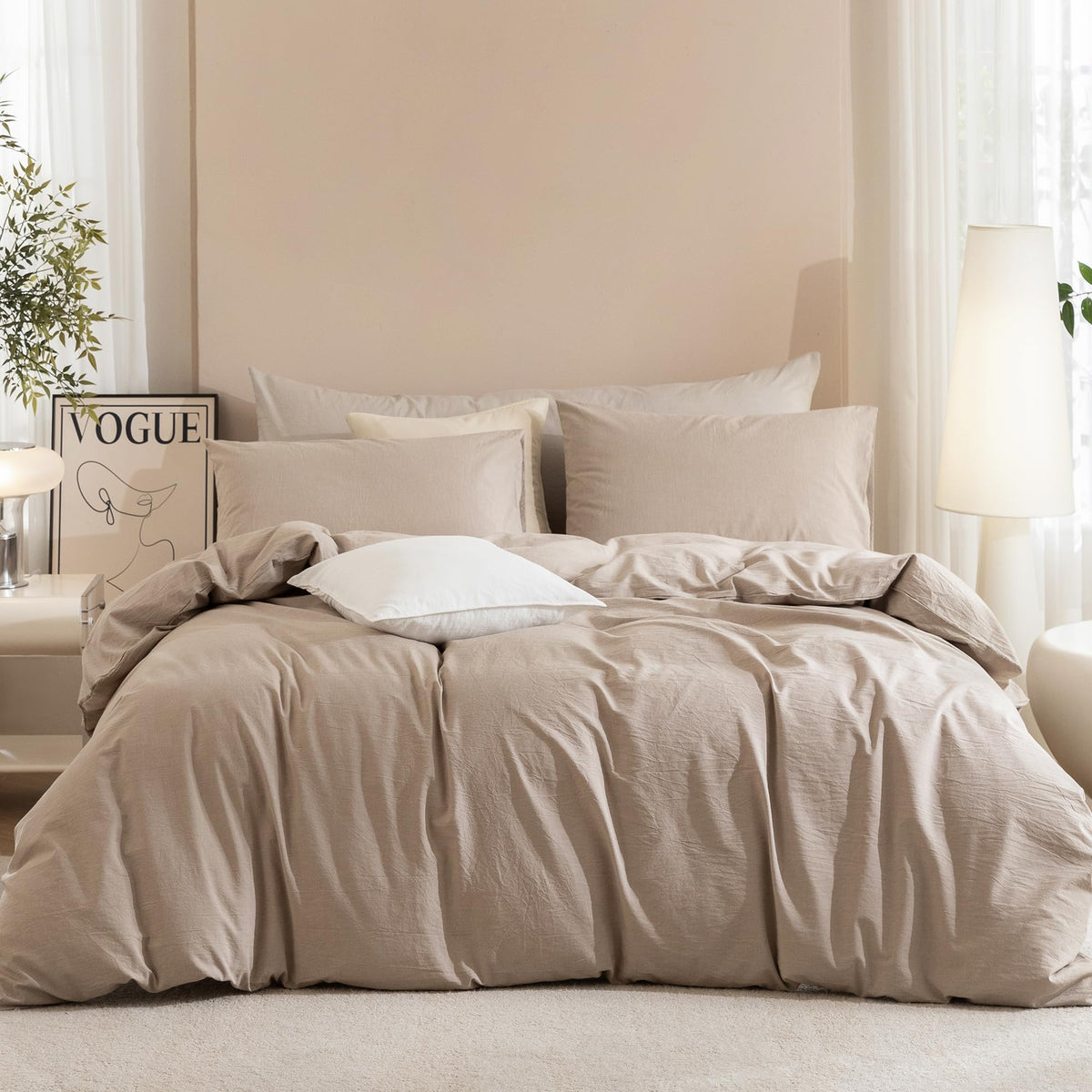 JIYUAN Queen Washed Cotton Duvet Cover Set, 3-Piece, Relaxed Linen Feel