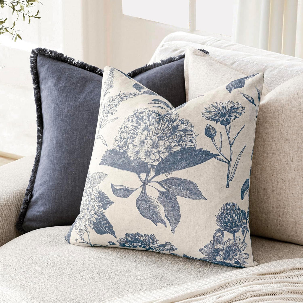 Foindtower Decorative Linen Floral Throw Pillow Covers 18×18 Inch,Blue