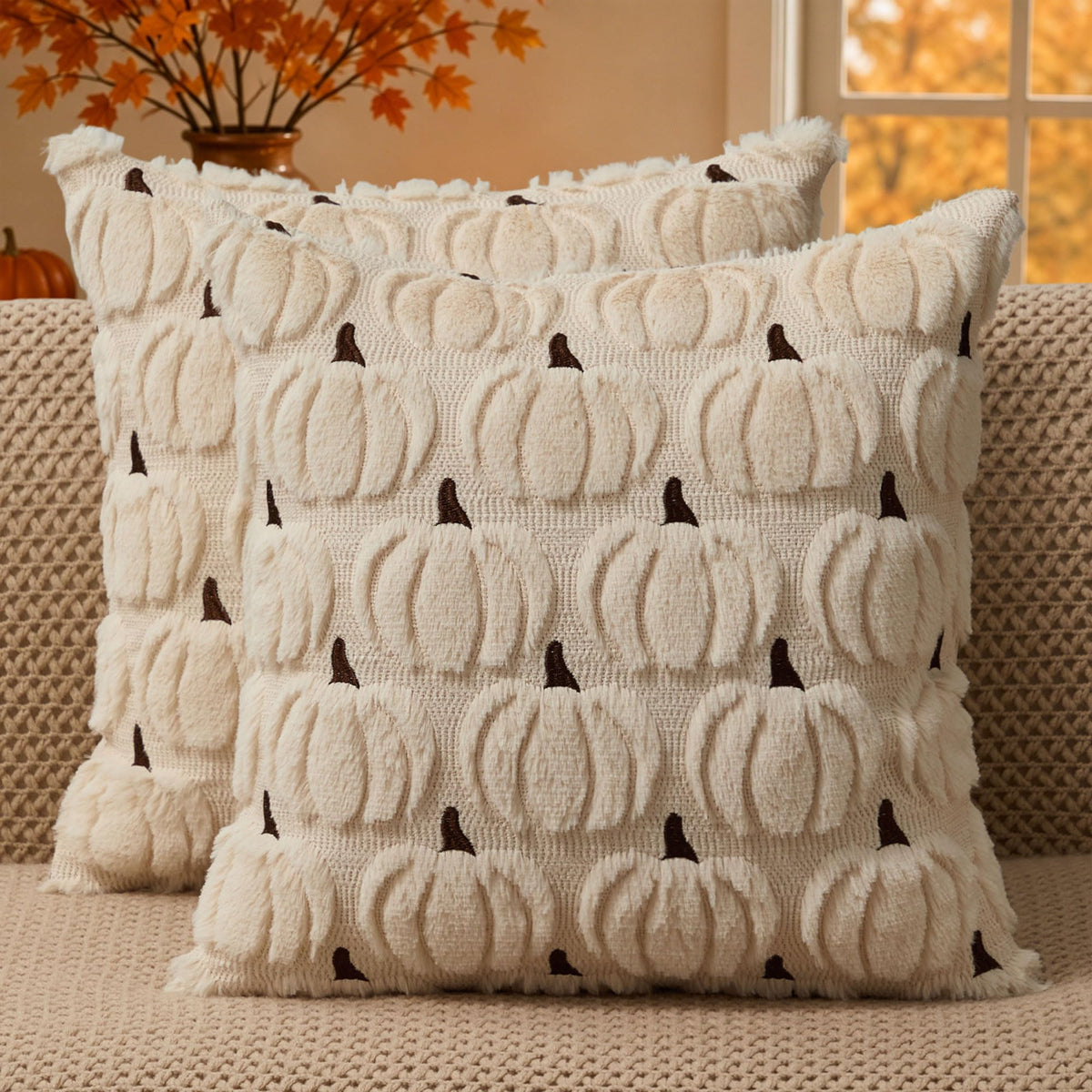 DFXSZ Fall Pillow Covers 18x18 2Pcs Beige Pumpkin Fall Decorations for Home