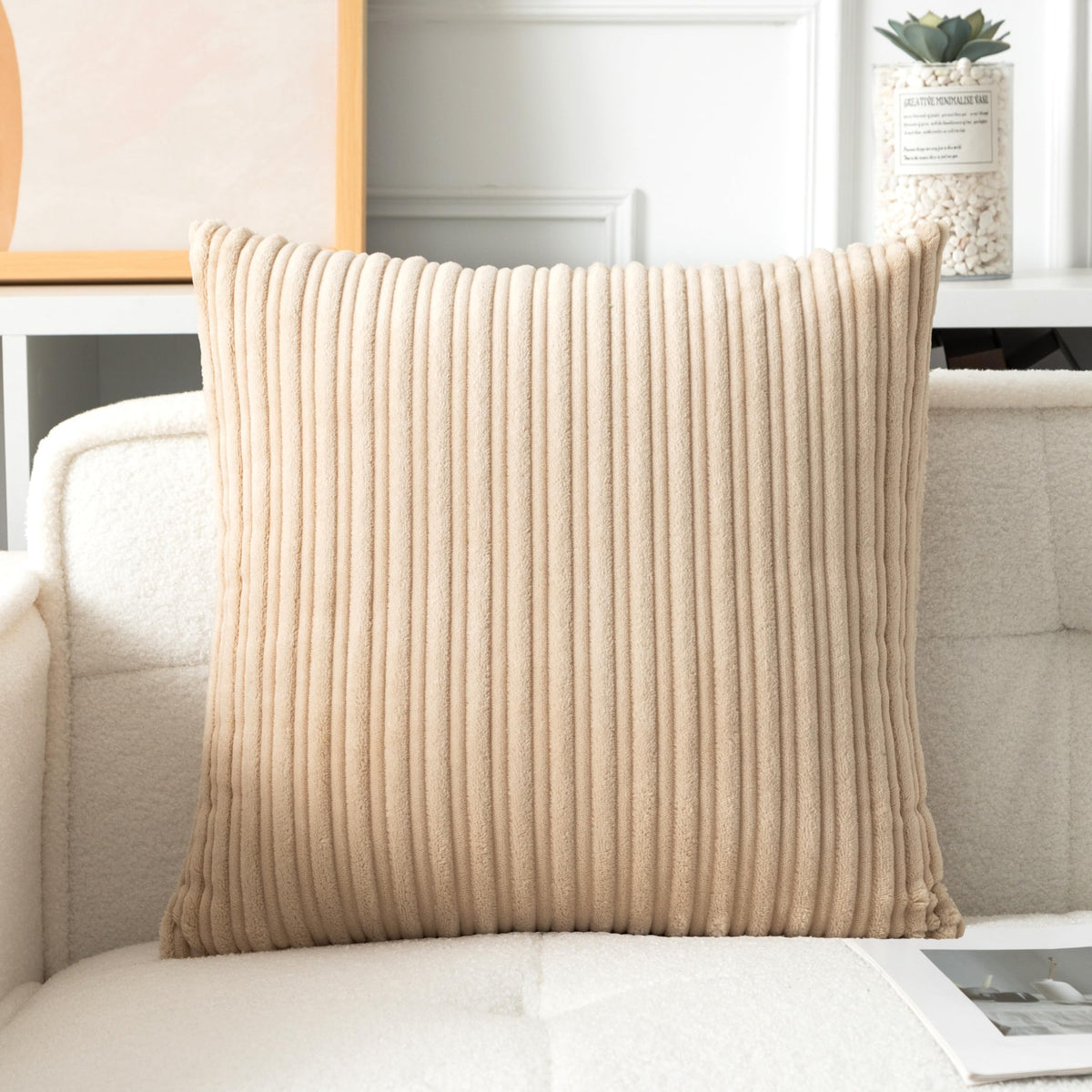 UGASA Velvet 12x20 Inch Lumbar Soft Throw Pillow Cover Boho Farmhouse Decorative Corduroy Striped Both Sides Solid Rectangular Cushion Case for Couch Bedroom Sofa Home, 1 Piece, Beige