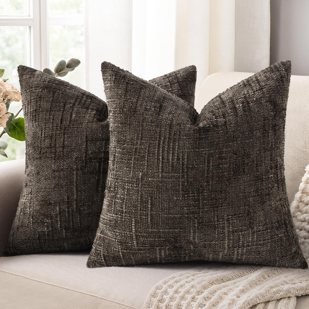 decorUhome Textured Chenille Throw Pillow Covers 18x18 Set of 2 Rust