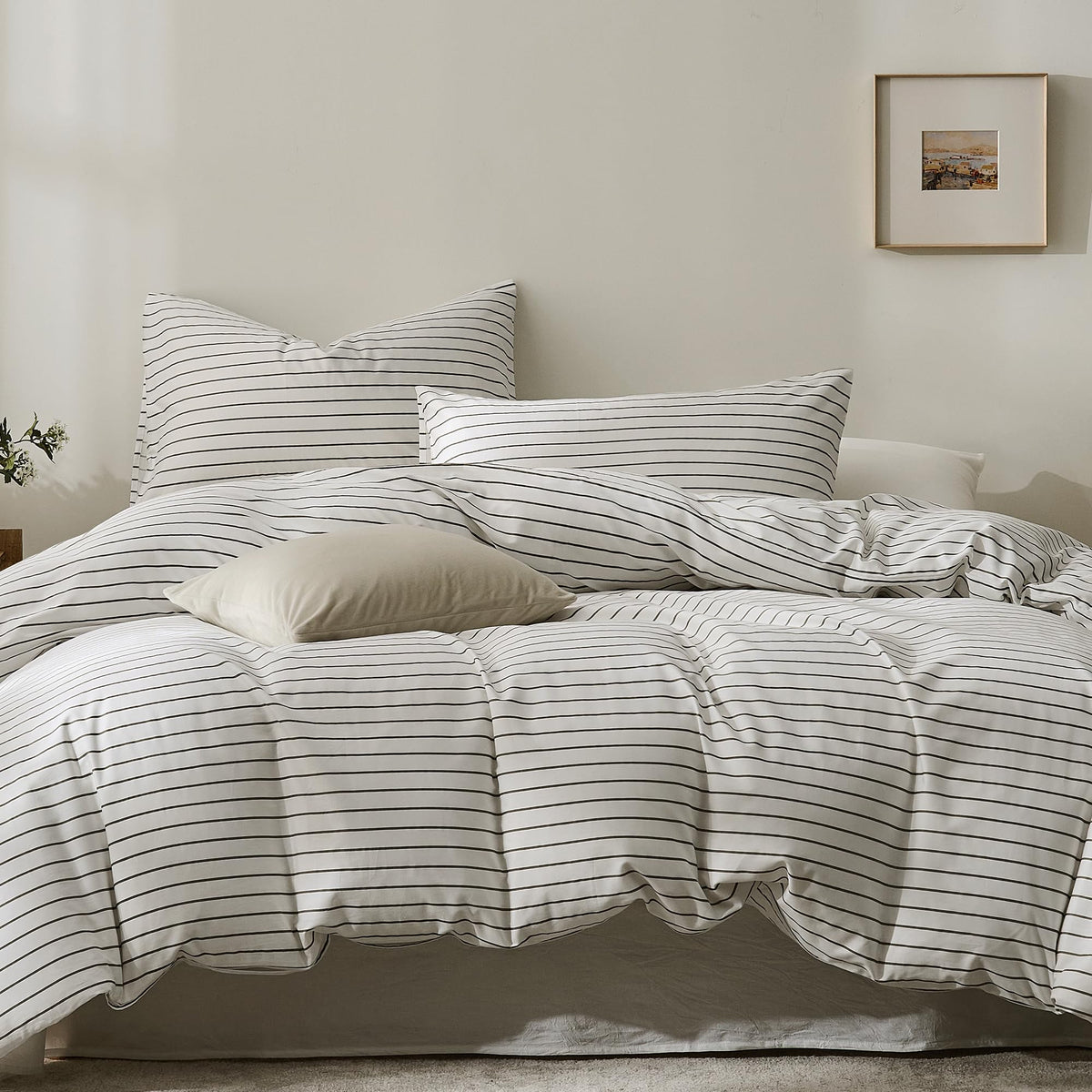 JELLYMONI 100% Cotton Classic Striped Queen Duvet Cover Set, Tan/White