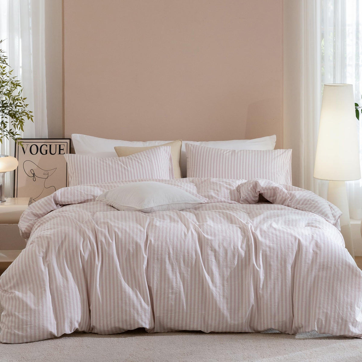 JIYUAN Queen Washed Cotton Duvet Cover Set, 3-Piece, Relaxed Linen Feel