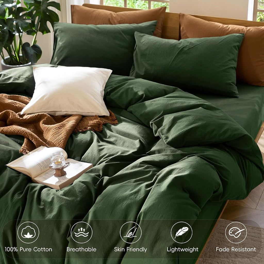 MooMee Duvet Cover Set 100% Washed Cotton Linen Like Queen