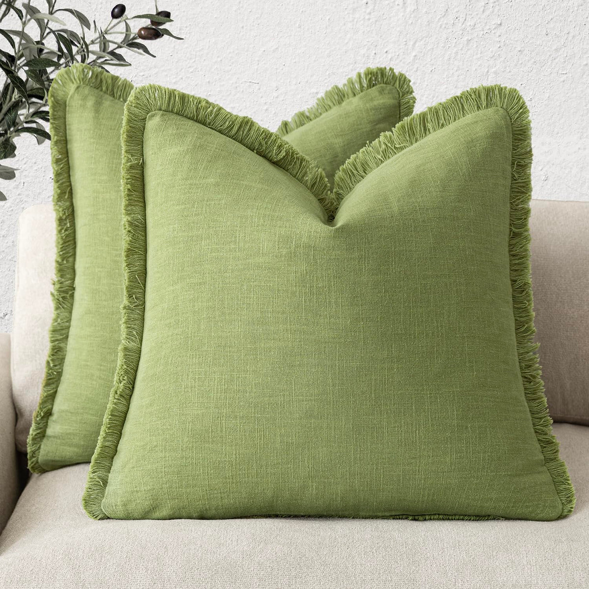 Foindtower Decorative Linen Fringe Throw Pillow Covers 20×20 Olive Green