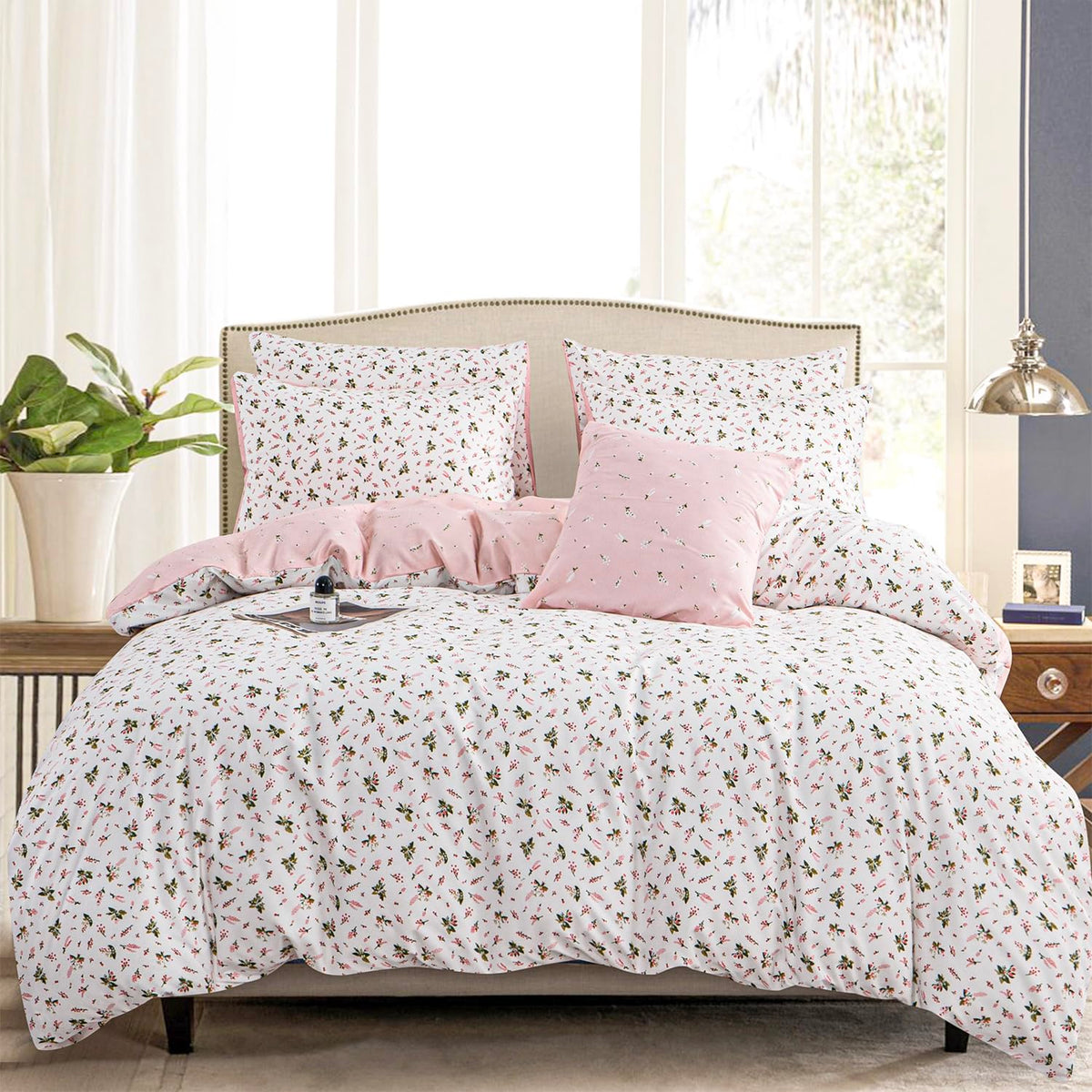 King Size Duvet Cover Set Floral Luxury Soft Brushed Microfiber Crinkle Gauze Fabric 3 Pieces Bedding Set Flower Pattern Duvet Cover King with Zipper Closure Breathable Comfy