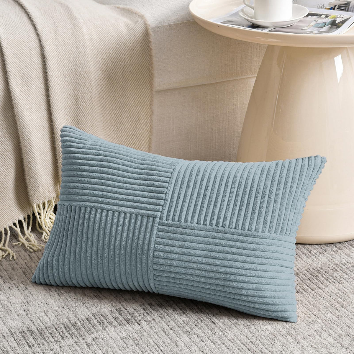 Fancy Homi Blush Pink Lumbar Decorative Throw Pillow Covers 12x20 Inch for Living Room Couch Bed, Rustic Farmhouse Boho Home Decor, Soft Striped Corduroy Rectangle Accent Cushion Case 30x50 cm