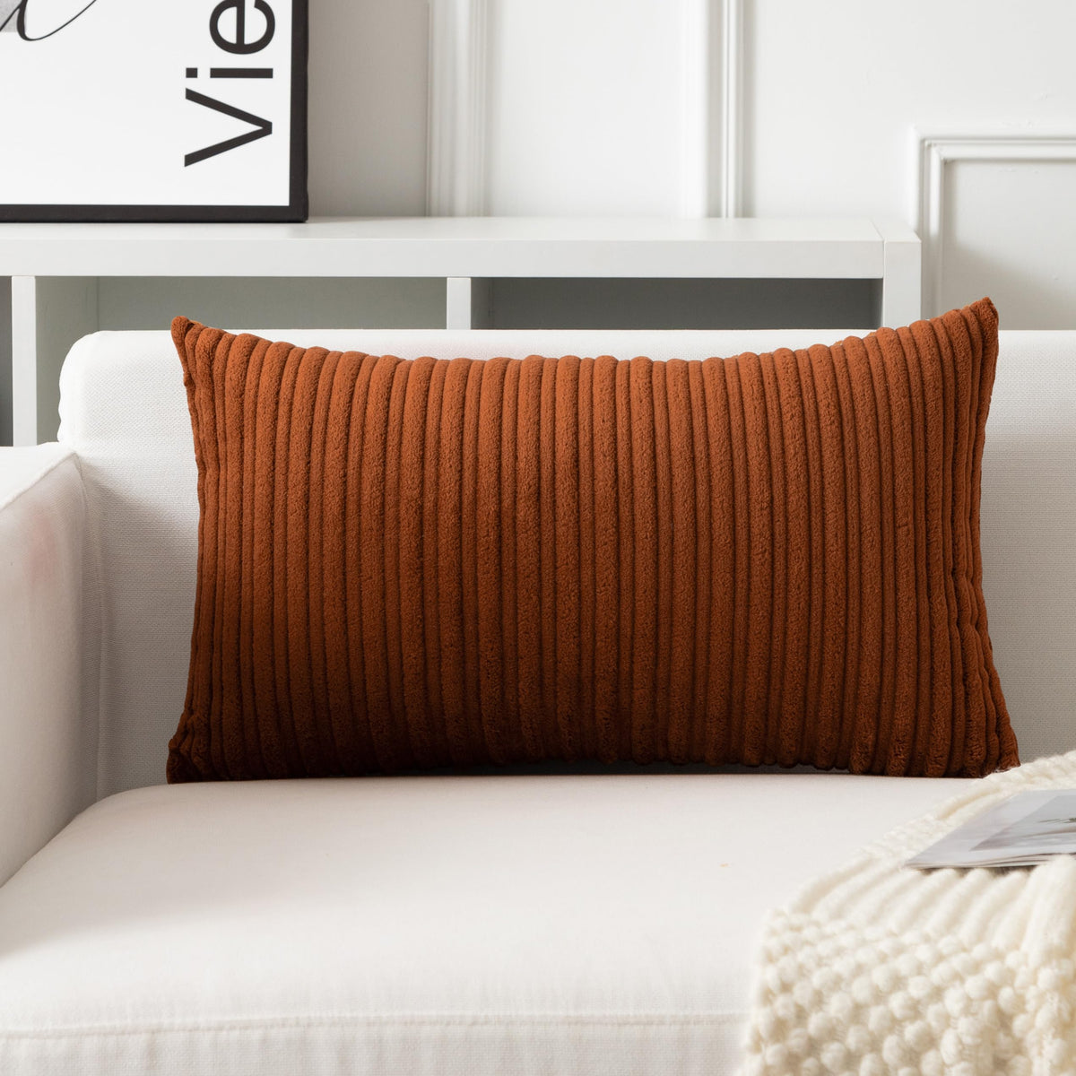 UGASA Velvet 12x20 Inch Lumbar Soft Throw Pillow Cover Boho Farmhouse Decorative Corduroy Striped Both Sides Solid Rectangular Cushion Case for Couch Bedroom Sofa Home, 1 Piece, Beige
