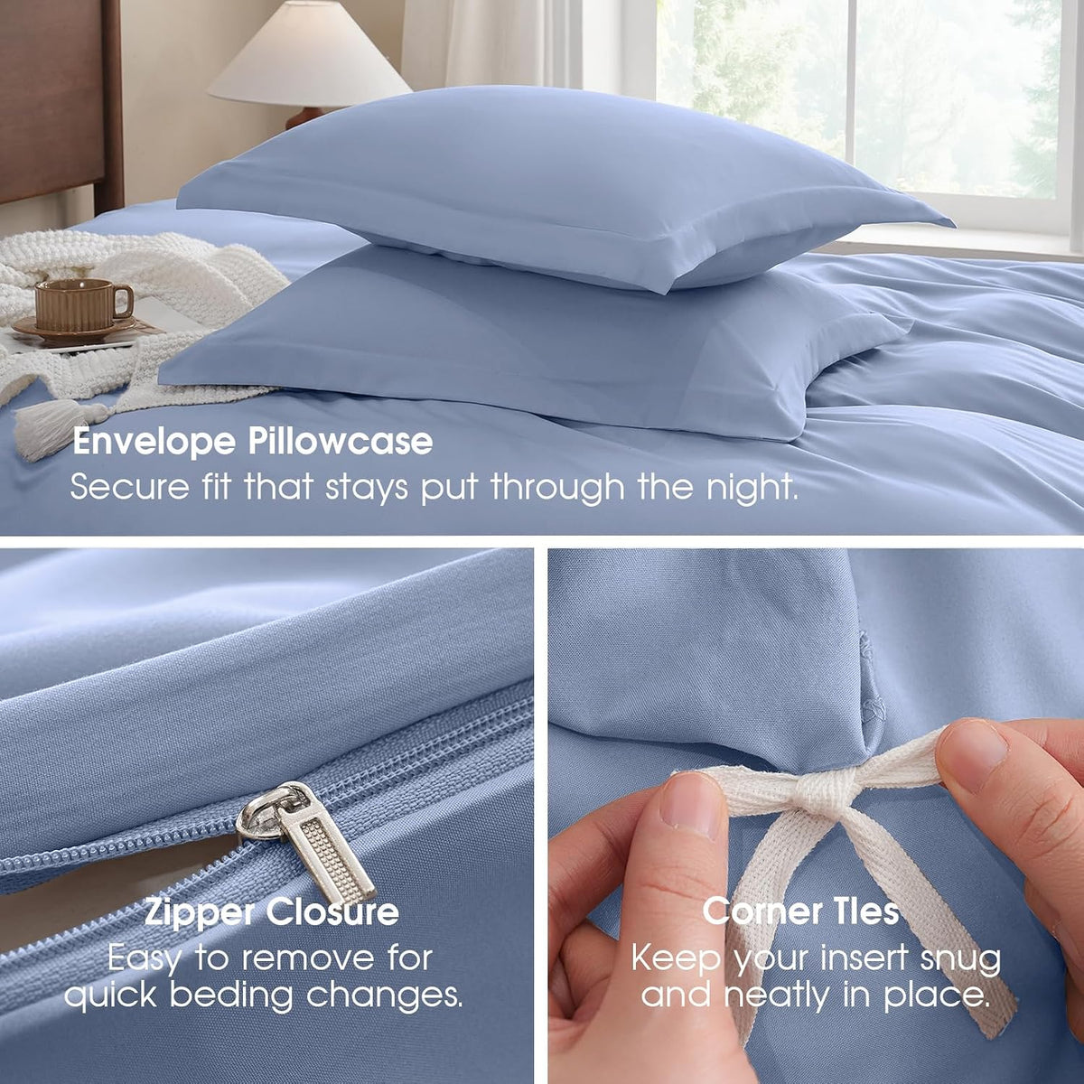 FreshCulture Duvet Cover King Size - 3 Pieces Microfiber Duvet Cover Set with Zipper Closure - Lightweight & Easy Care - 1 Comforter Cover & 2 Pillow Shams - Comforter Not Included (Baby Blue)