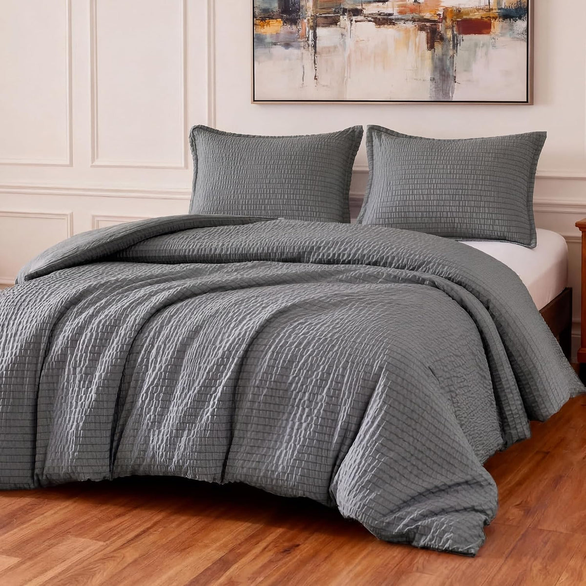 Amazon Basics Duvet Cover Set with Jacquard Geometric Pattern, 3-Piece with 1 Duvet Cover and 2 Pillow Shams, Comforter Not Included, Queen, Dark Gray