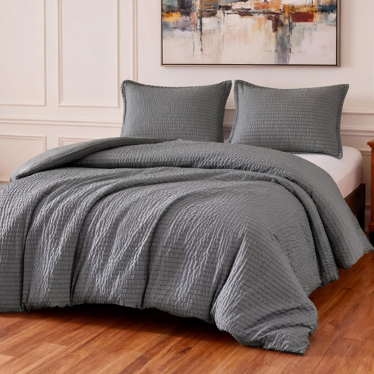 Amazon Basics Duvet Cover Set with Jacquard Geometric Pattern, 3-Piece with 1 Duvet Cover and 2 Pillow Shams, Comforter Not Included, Queen, Dark Gray