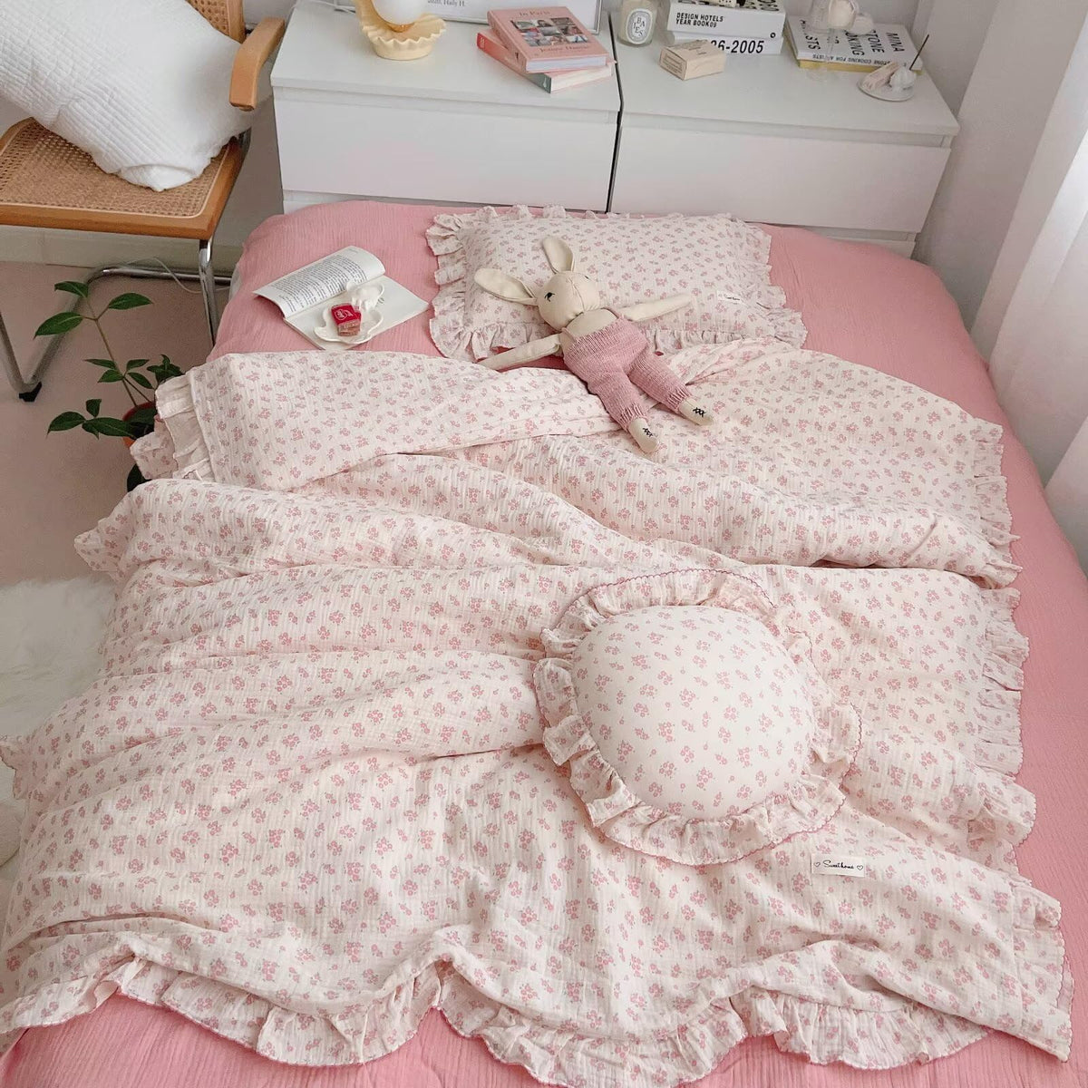 BuLuTu 100% Cotton Muslin Duvet Cover Twin for Kids Girls Boys, Shabby Chic Azalea Floral Duvet Covers Vintage Farmhouse Comforter/Quilt Cover with Ruffles, 68"x86", Zipper Closure, No Pillow