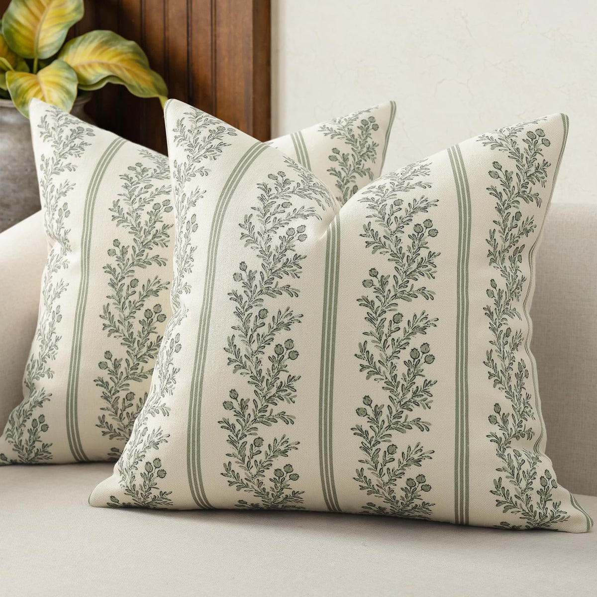 Vintage Throw Pillow Covers 18x18 Set of 2, Striped Floral Pillow Cover Botanical Patterned Decorative Cushion Covers Modern Farmhouse Home Decor for Sofa Couch Bed Living Room, Light Blue
