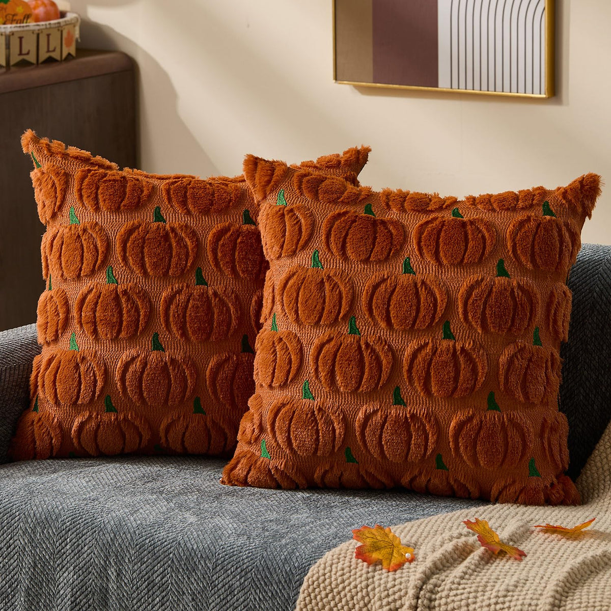 DFXSZ Fall Pillow Covers 18x18 2Pcs Beige Pumpkin Fall Decorations for Home